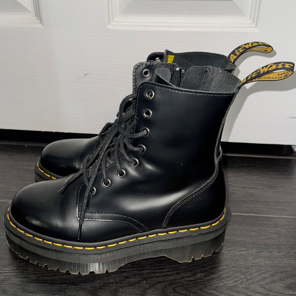 Dr. Martens Black Jadon Platform Lace-Up Boots with Yellow Welt - Picture 4 of 10